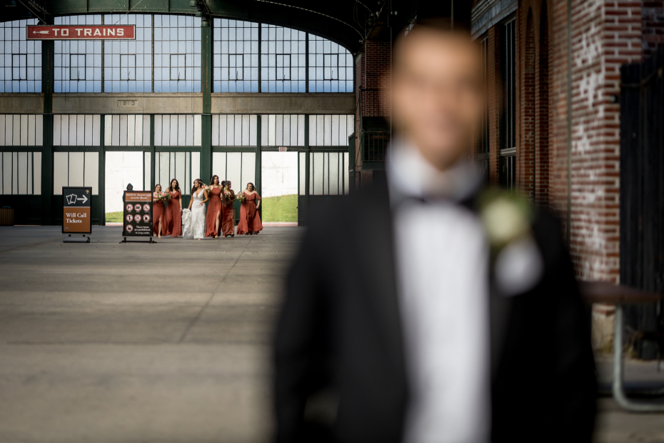 First look wedding photos at train station in Jersey City