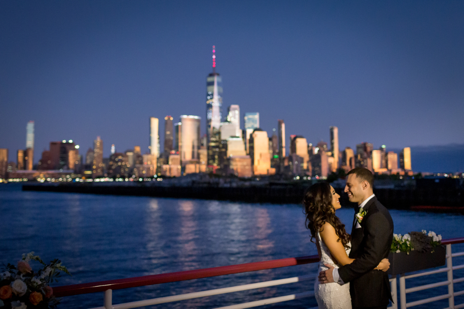 Waterfront wedding reception at Battello with NYC skyline in background