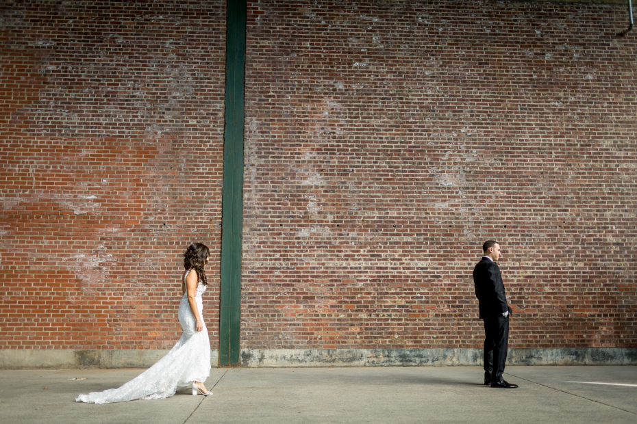 First look wedding photos at train station in Jersey City