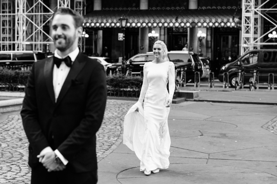 First look outside in New York City with bride and groom on wedding day